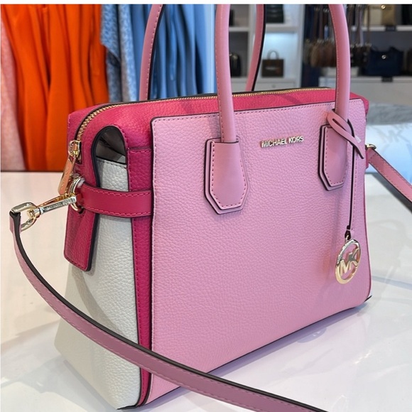 MICHAEL KORS Mercer Md Top ZipColor-Block Belted Satchel Crossbody Purse El Pink - Picture 10 of 16
